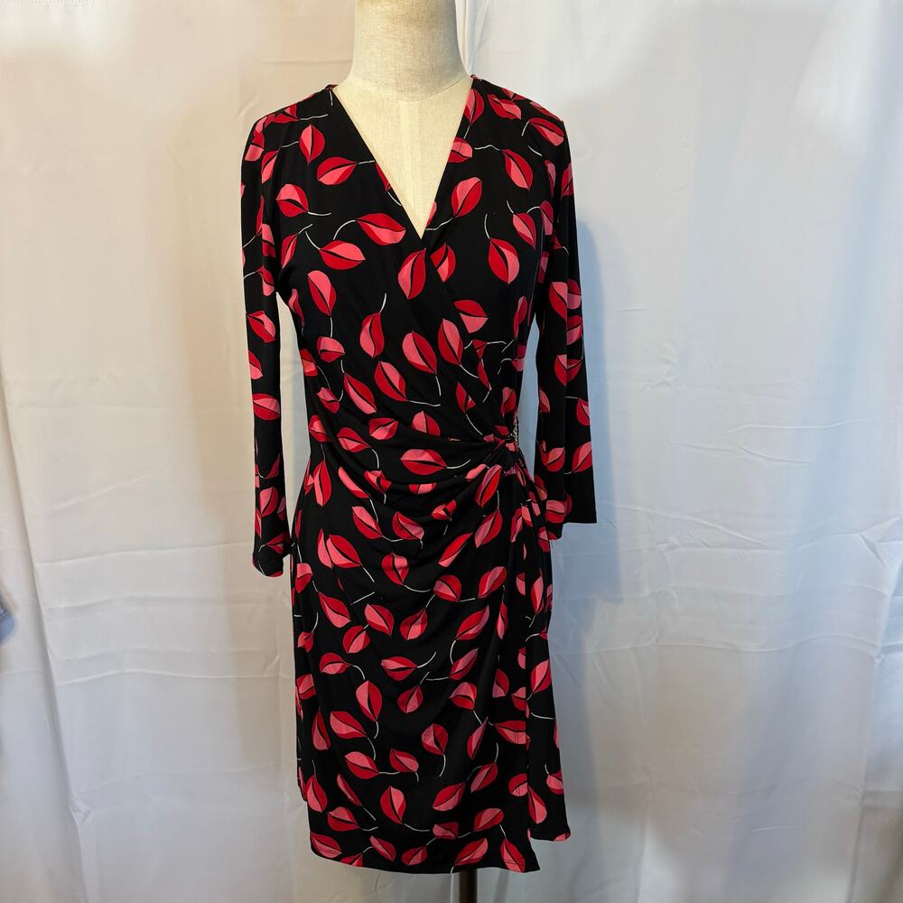 Luxology Wrap Dress Red/Black w Gold Accent Women's Size Petite Medium